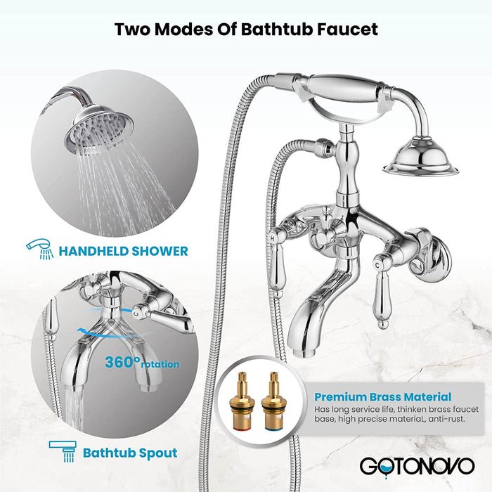 gotonovo Vintage Clawfoot Tub Faucet 3 3/8 Wall Mounted With Handheld Shower Sprayer with Tub Spout Double Level Handle Hot and Cold Water Mixer Shower Faucet Set