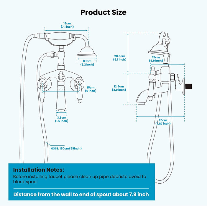 gotonovo Vintage Clawfoot Tub Faucet 3 3/8 Wall Mounted With Handheld Shower Sprayer with Tub Spout Double Level Handle Hot and Cold Water Mixer Shower Faucet Set