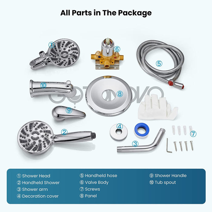 gotonovo 3-way Water Diverter Dual 2 in 1 Shower Head Combo Shower System with 5 Functions Adjustable Handheld Showerhead and Tub Spout Shower Faucet Set(Rough In Valve Included)