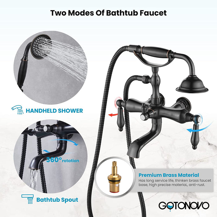 gotonovo Vintage Clawfoot Tub Faucet 3 3/8 Wall Mounted With Handheld Shower Sprayer with Tub Spout Double Level Handle Hot and Cold Water Mixer Shower Faucet Set