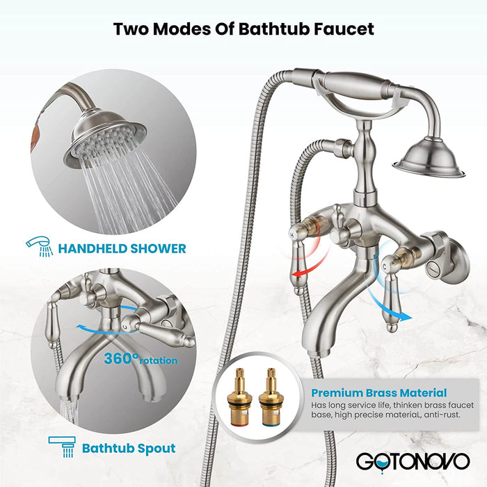 gotonovo Vintage Clawfoot Tub Faucet 3 3/8 Wall Mounted With Handheld Shower Sprayer with Tub Spout Double Level Handle Hot and Cold Water Mixer Shower Faucet Set