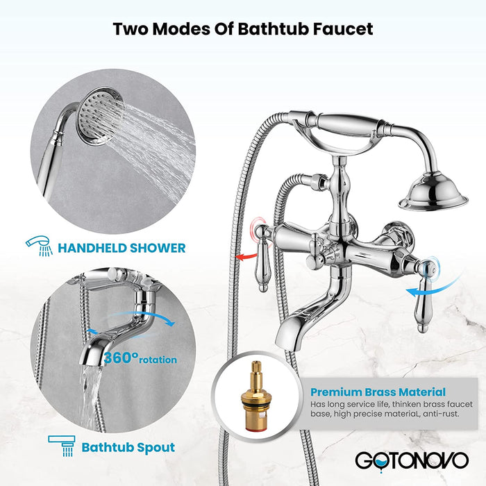 gotonovo Vintage Clawfoot Tub Faucet 3 3/8 Wall Mounted With Handheld Shower Sprayer with Tub Spout Double Level Handle Hot and Cold Water Mixer Shower Faucet Set