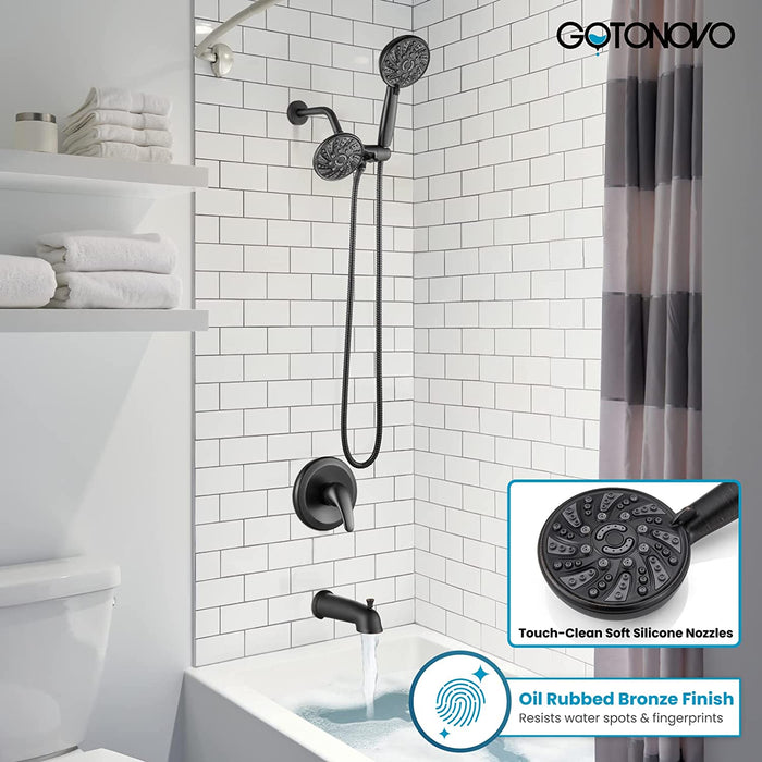 gotonovo 3-way Water Diverter Dual 2 in 1 Shower Head Combo Shower System with 5 Functions Adjustable Handheld Showerhead and Tub Spout Shower Faucet Set(Rough In Valve Included)