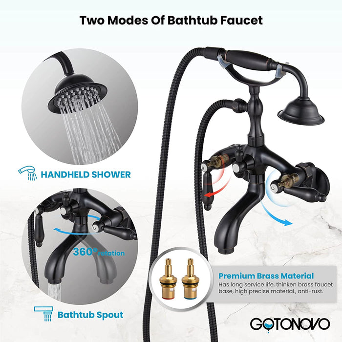 gotonovo Vintage Clawfoot Tub Faucet 3 3/8 Wall Mounted With Handheld Shower Sprayer with Tub Spout Double Level Handle Hot and Cold Water Mixer Shower Faucet Set