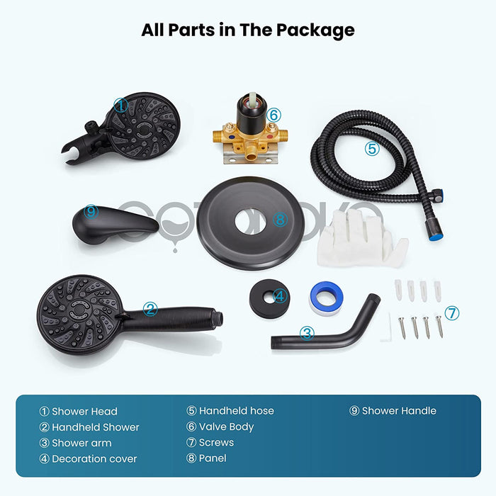 gotonovo 3-way Water Diverter Dual 2 in 1 Shower Head Combo Shower System with 5 Functions Adjustable Handheld Showerhead and Tub Spout Shower Faucet Set(Rough In Valve Included)
