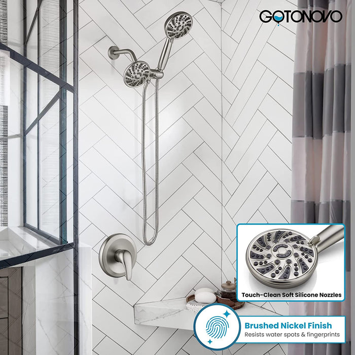 gotonovo 3-way Water Diverter Dual 2 in 1 Shower Head Combo Shower System with 5 Functions Adjustable Handheld Showerhead and Tub Spout Shower Faucet Set(Rough In Valve Included)