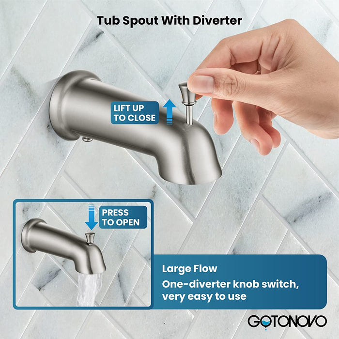 gotonovo 3-way Water Diverter Dual 2 in 1 Shower Head Combo Shower System with 5 Functions Adjustable Handheld Showerhead and Tub Spout Shower Faucet Set(Rough In Valve Included)