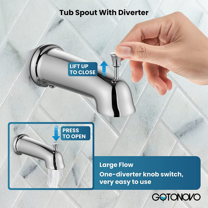 gotonovo 3-way Water Diverter Dual 2 in 1 Shower Head Combo Shower System with 5 Functions Adjustable Handheld Showerhead and Tub Spout Shower Faucet Set(Rough In Valve Included)