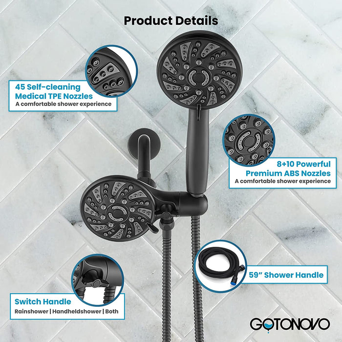 gotonovo 3-way Water Diverter Dual 2 in 1 Shower Head Combo Shower System with 5 Functions Adjustable Handheld Showerhead and Tub Spout Shower Faucet Set(Rough In Valve Included)