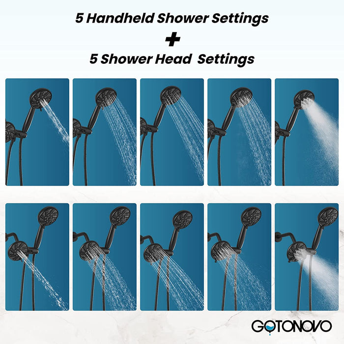 gotonovo 3-way Water Diverter Dual 2 in 1 Shower Head Combo Shower System with 5 Functions Adjustable Handheld Showerhead and Tub Spout Shower Faucet Set(Rough In Valve Included)