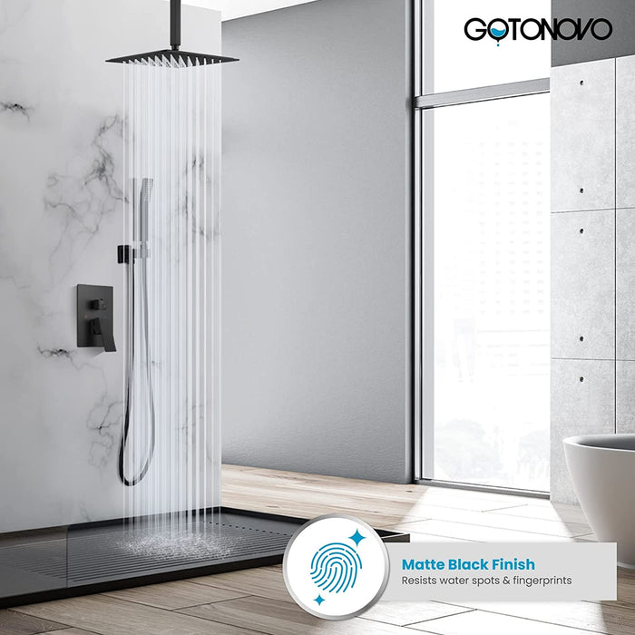 gotonovo Ceiling Mount Rainfall Shower System with Square Shower Head with Handheld shower and Pressure Balance Shower Valve Kit Luxury Rain Mixer Shower Combo Set Bathroom