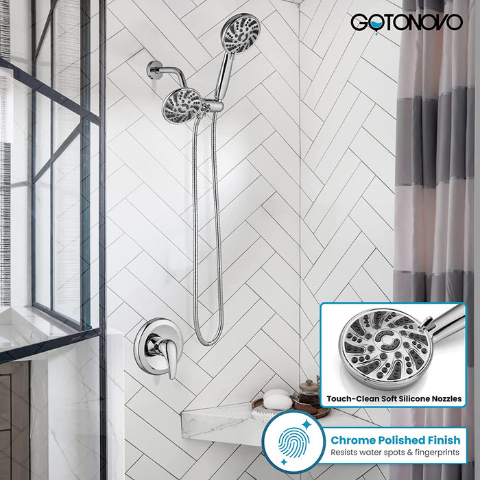 gotonovo 3-way Water Diverter Dual 2 in 1 Shower Head Combo Shower System with 5 Functions Adjustable Handheld Showerhead and Tub Spout Shower Faucet Set(Rough In Valve Included)