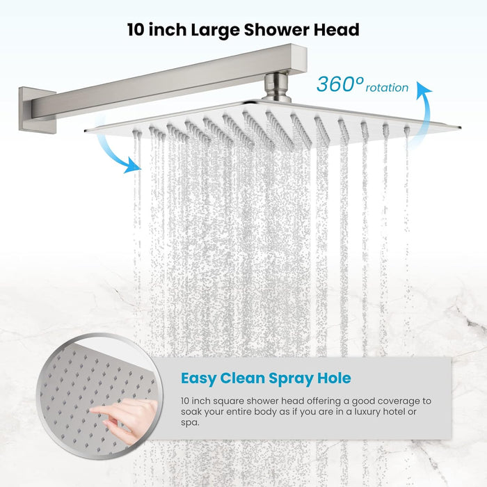 gotonovo Wall Mounted Shower System Brushed Nickel Shower Combo Set with 10 Inches Square Rain Shower Head High Pressure Head Hand Held Pressure Balance Rough-in Valve(Male Thread)