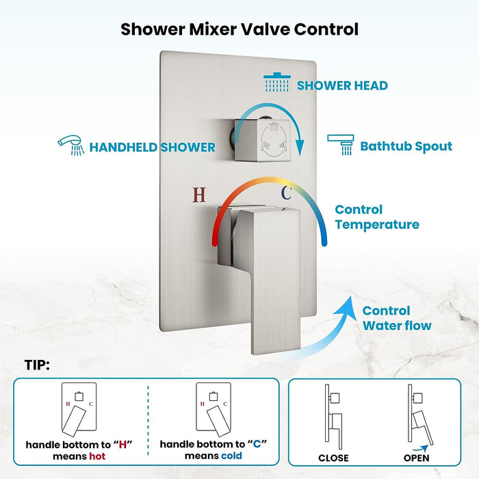 gotonovo Brushed Nickel Rain Mixer Shower Faucet Set Waterfall Tub Spout with 12 inch Square Rainfall Shower Head and Handheld Spray Wall Mounted Rough-in Valve and Trim Included