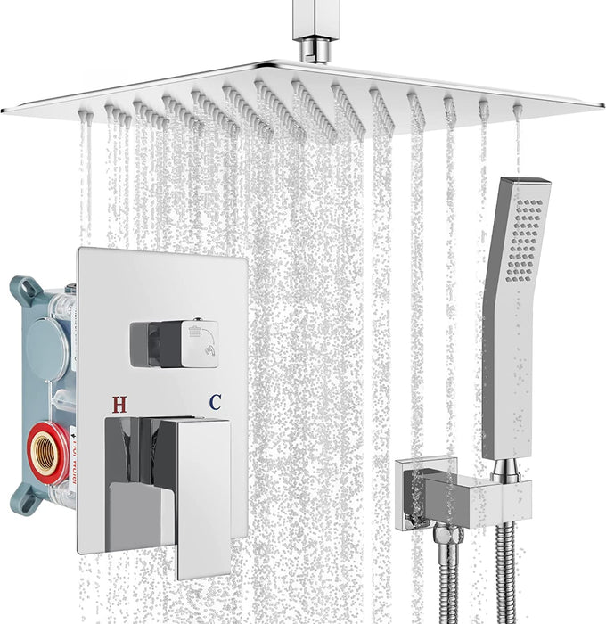 gotonovo Ceiling Mount Rainfall Shower System with Square Shower Head with Handheld shower and Pressure Balance Shower Valve Kit Luxury Rain Mixer Shower Combo Set Bathroom