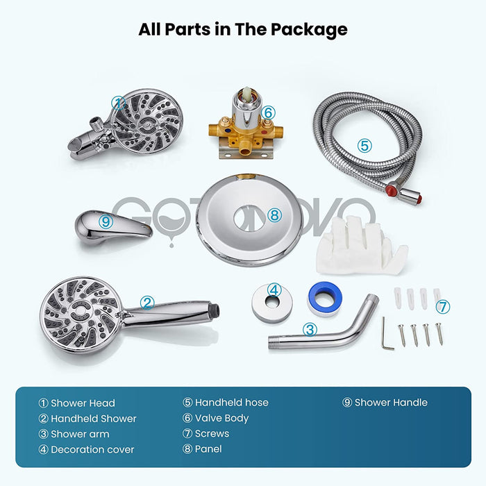 gotonovo 3-way Water Diverter Dual 2 in 1 Shower Head Combo Shower System with 5 Functions Adjustable Handheld Showerhead and Tub Spout Shower Faucet Set(Rough In Valve Included)