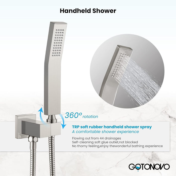 gotonovo Wall Mounted Shower System Brushed Nickel Shower Combo Set with 10 Inches Square Rain Shower Head High Pressure Head Hand Held Pressure Balance Rough-in Valve(Male Thread)