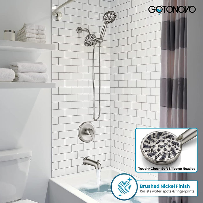 gotonovo 3-way Water Diverter Dual 2 in 1 Shower Head Combo Shower System with 5 Functions Adjustable Handheld Showerhead and Tub Spout Shower Faucet Set(Rough In Valve Included)