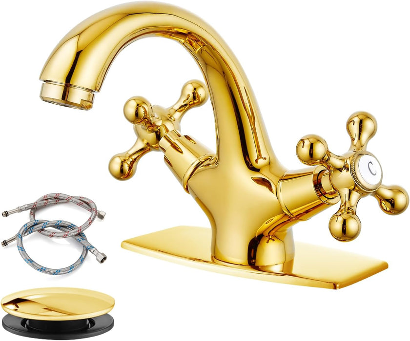 gotonovo Bathroom Sink Faucet with Pop up Drain with Overflow Double Cross Handle Single Hole Deck Mount Vanity Basin Cold Hot Lavatory Mixer Tap