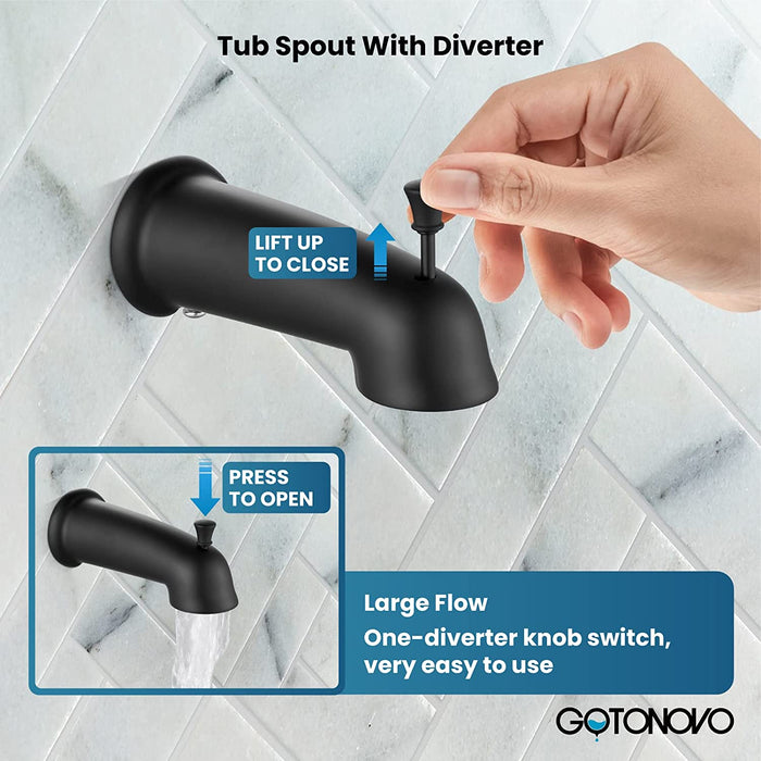 gotonovo 3-way Water Diverter Dual 2 in 1 Shower Head Combo Shower System with 5 Functions Adjustable Handheld Showerhead and Tub Spout Shower Faucet Set(Rough In Valve Included)