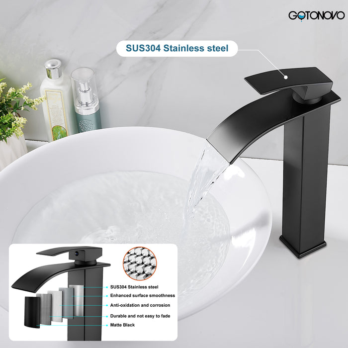 gotonovo Waterfall Bathroom Bowl Vessel Sink Tall Faucet1 Hole Single Handle Lavatory Vanities Mixer Tap Deck Mount with Large Rectangular Spout