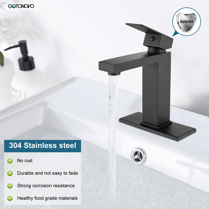 gotonovo Bathroom Sink Faucet Single Handle 1 Hole One Lever Stainless Steel SUS304 Commercial Deck Mount Lavatory Mixer Tap Include Pop Up Drain and Cover Plate