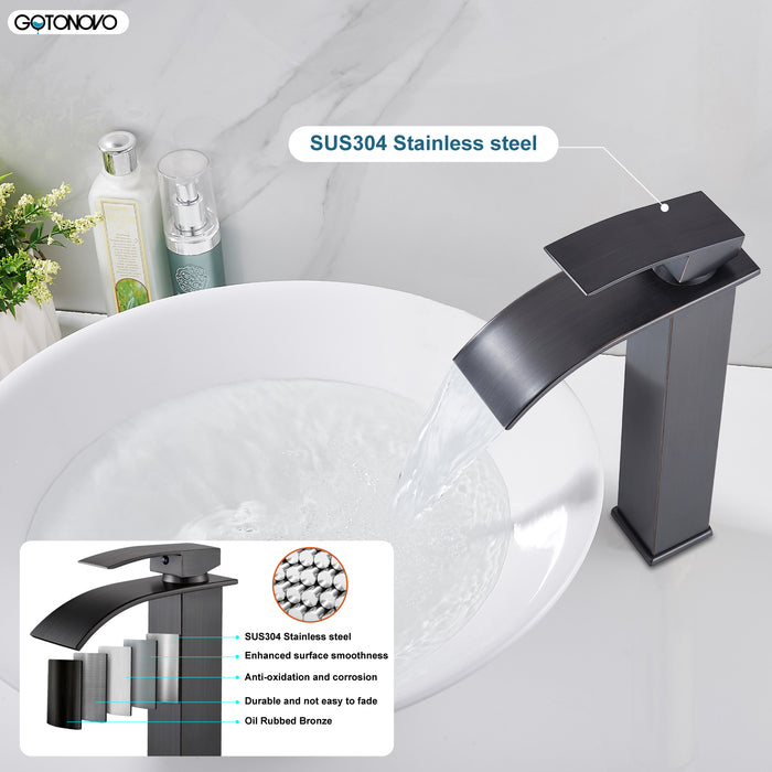 gotonovo Waterfall Bathroom Bowl Vessel Sink Tall Faucet1 Hole Single Handle Lavatory Vanities Mixer Tap Deck Mount with Large Rectangular Spout