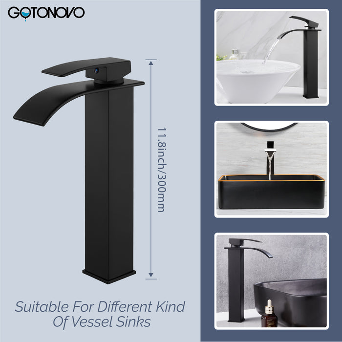 gotonovo Vessel Sink Faucet, Waterfall Spout Bathroom Faucet, Tall Single Handle One Hole Bowl Mixer Tap, Waterfall Spout Lavatory Vanity with Pop Up Drain