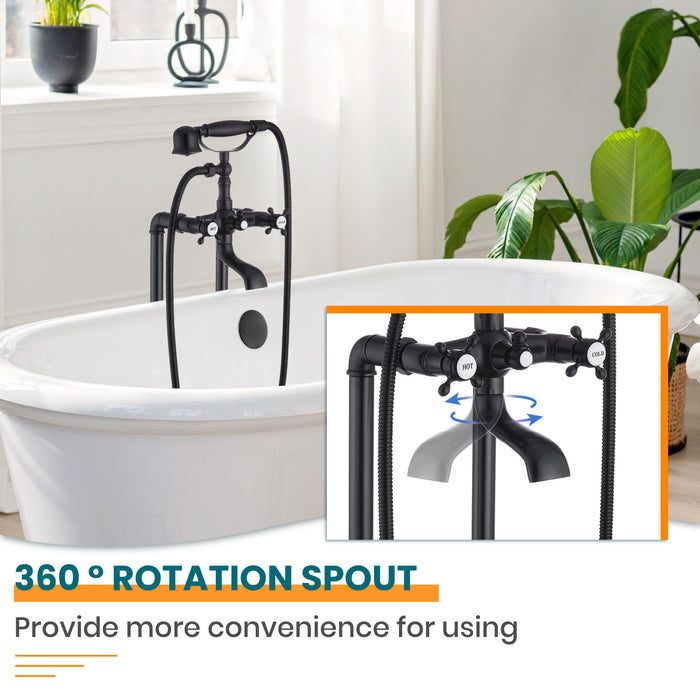 gotonovo Free Standing Tub Faucet,Brass Handheld Spray,Clawfoot Freestanding Bathtub Faucet,Vintage Floor Mount High Flow Tub Filler with Double Cross Handles,360°Rotation Spout