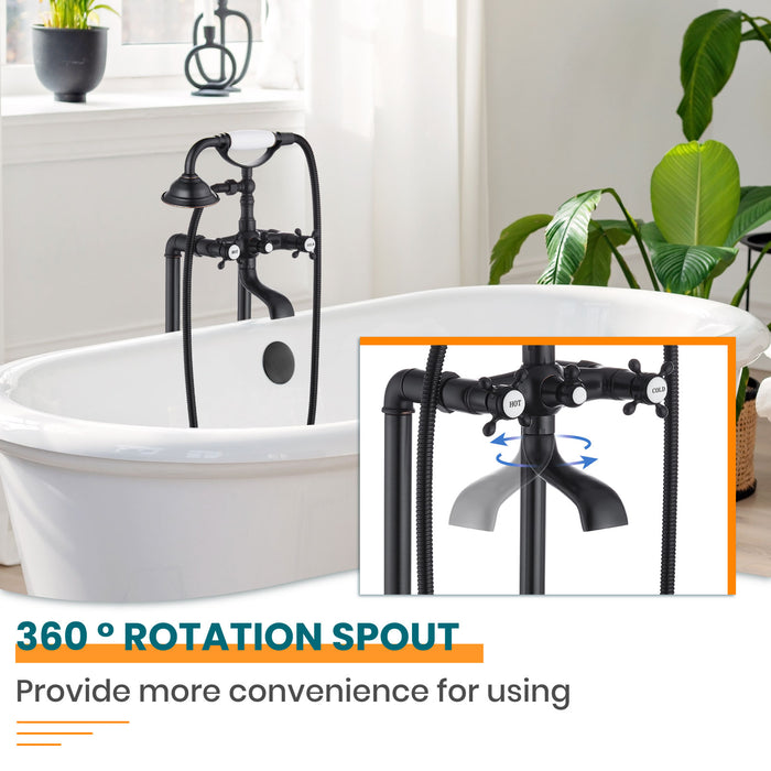 gotonovo Free Standing Tub Faucet,Ceramic Handheld Spray,Clawfoot Freestanding Bathtub Faucet,Vintage Floor Mount High Flow Tub Filler with Double Cross Handles,360°Rotation Spout