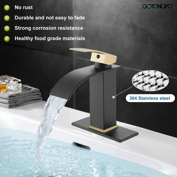 gotonovo Bathroom Sink Faucet Single Handle 1 Hole Waterfall Spout Vanity Sink Faucet Deck Mount Mixer Tap Lavatory with Deck Plate and Pop Up Drain