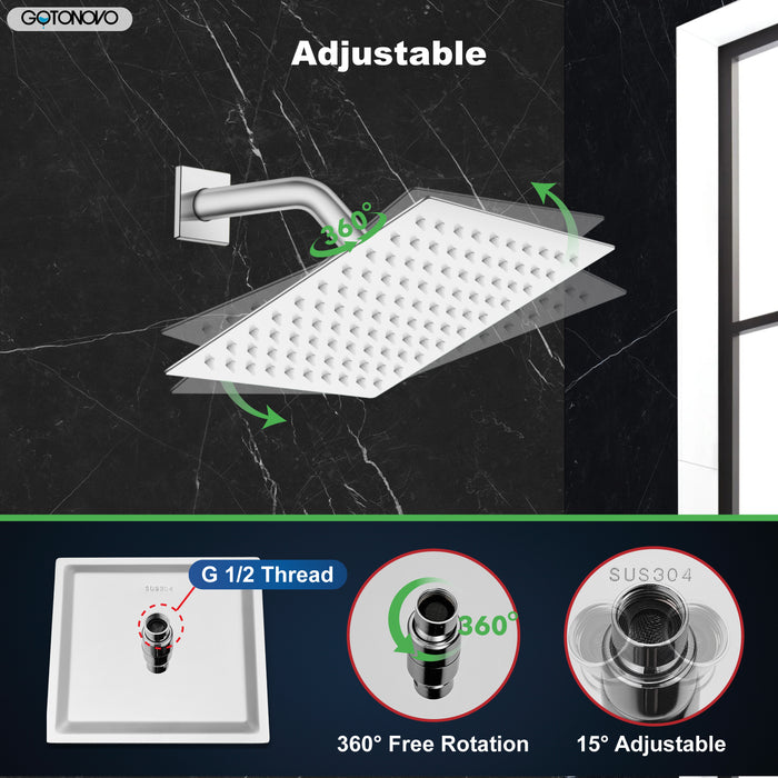 gotonovo 8 Inch Rainfall Showerhead Square Stainless Steel Rain Shower Head High Pressure Waterfall Crackproof Coverage with Silicone Nozzle 1/16" Ultra Thin Design Swivel Connector