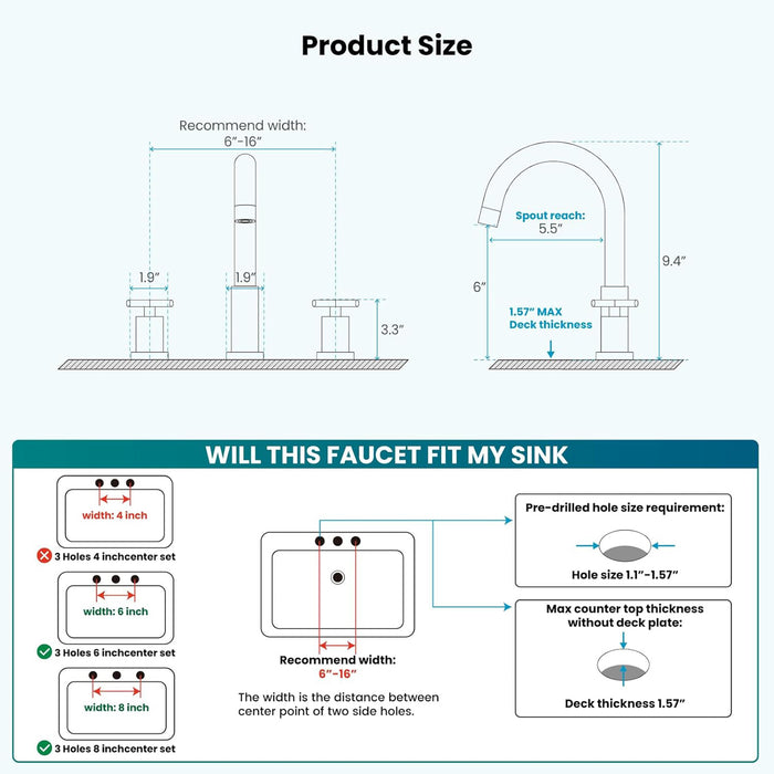 gotonovo 3 Hole Bathroom Faucet 8 inch Widespread Sink Vanity Faucet for Bathroom Sink 2 Cross Handle Deck Mount Basin with Pop Up Drain 360° Swivel Spout