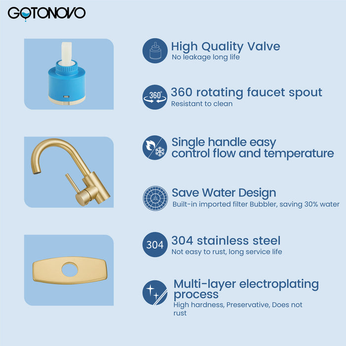 gotonovo Bar Sink Faucet Single Hole Bathroom Kitchen Small RV Sink Faucet Deck Mount SUS304 Lavatory Mixer Tap Single Handle One Hole 360 Degree Swivel Spout Lavatory Sink Faucet