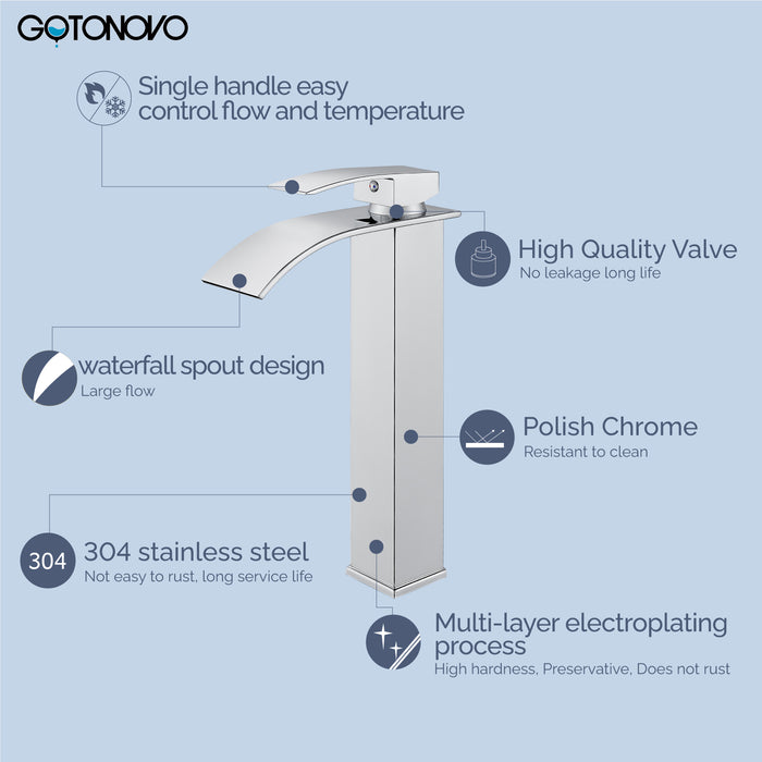 gotonovo Tall Waterfall Bathroom Vessel Sink Faucet Modern Bathroom Vanity Faucet Single Handle Single Hole Farmhouse Bar Mixer Tap Washbasin Faucet Deck Mount