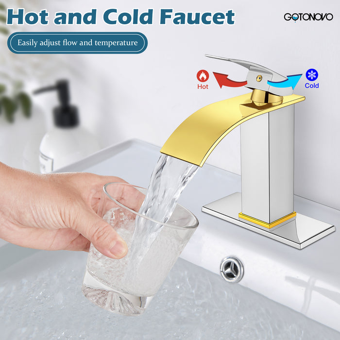 gotonovo Bathroom Sink Faucet Single Handle 1 Hole Waterfall Spout Vanity Sink Faucet Deck Mount Mixer Tap Lavatory with Deck Plate and Pop Up Drain