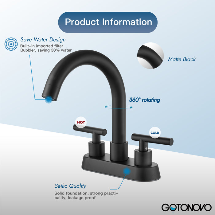 4” Lavatory Faucet Bathroom Sink Vanity Mixer Tap Deck Mount Double Hole Two Handle Swivel Spout 360° Vessel Basin Faucet
