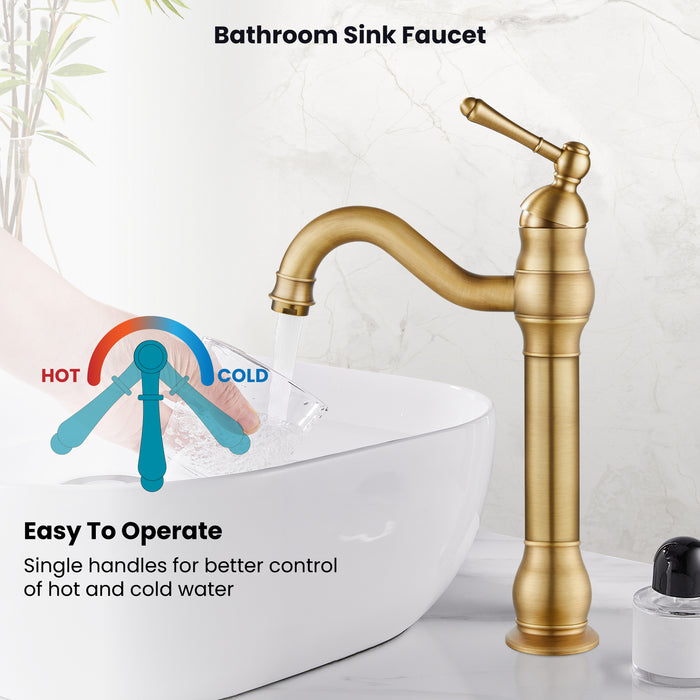 gotonovo Bathroom Vessel Sink Faucet Single Handle Lavatory Vanity Mixer Bar Tap with Pop Up Drain Tall Spout Single Hole Deck Mount