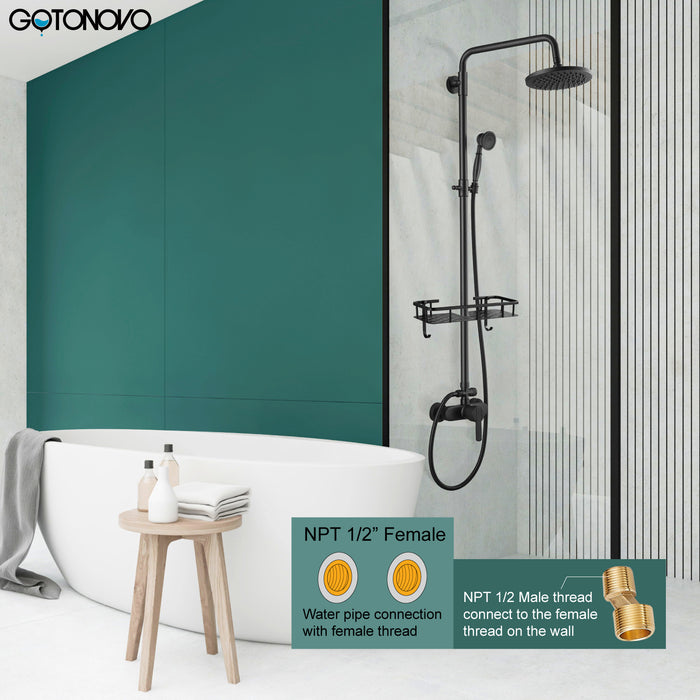 gotonovo Exposed Pipe Shower Kit 8” Rainfall Shower Head System Set One Handle with Hand Held Spray Bathroom Shower Faucet Adjustable Showerhead Bar