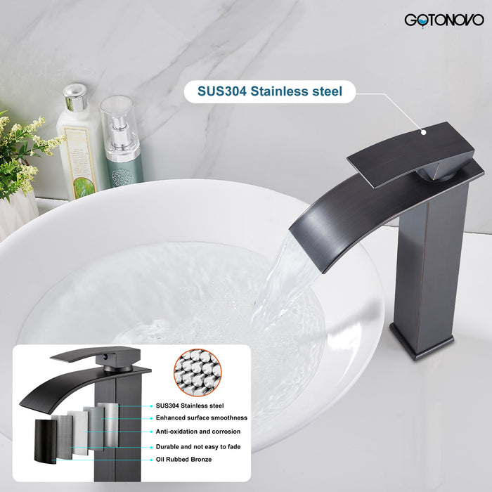 gotonovo Vessl Sink Tall Faucet Waterfall Bathroom Bowl Single Handle Single Hole Spout Sink Faucet Deck Mount with Large Rectangular Lavatory Vanities