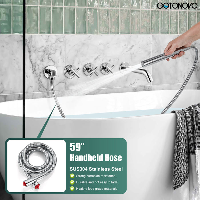 gotonovo Wall Mount Bathtub Faucet Bathroom Tub Filler Faucet with Handheld Shower High Flow Bathtub Spout with 3 Handles Shower Trim kit Hand Held Sprayer 2 Function Bath Fixtures