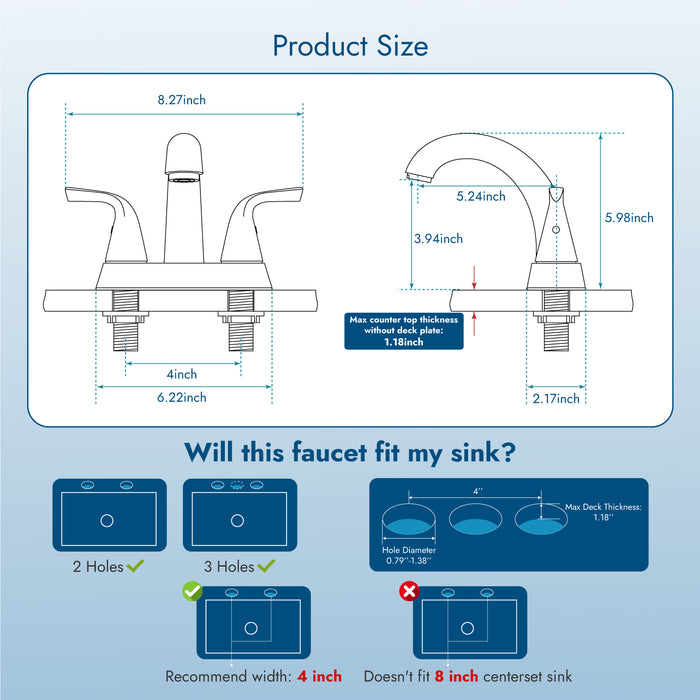 4 Inch Centerset Bathroom Sink Faucet Stainless Steel Deck Mount Double Handle Lavatory Vanity Faucet Mixer Tap with Pop up Drain and Water Supply Hoses