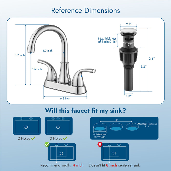 4 Inch Bathroom Sink Faucet 2 Handle Bathroom Faucet 360° Swivel Spout Deck Mounted Vanity Faucet with Water Supply Hoses with Pop up Drain