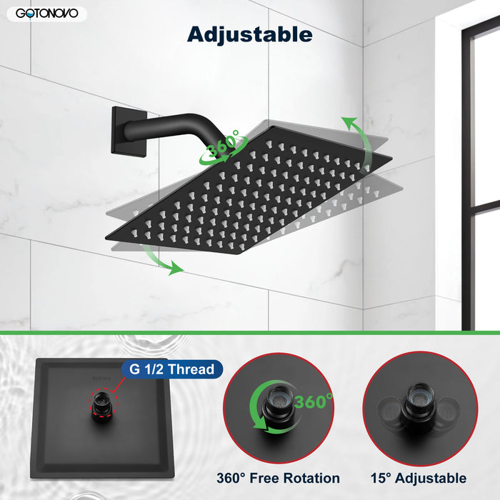 gotonovo 8 Inch Rainfall Showerhead Square Stainless Steel Rain Shower Head High Pressure Waterfall Crackproof Coverage with Silicone Nozzle 1/16" Ultra Thin Design Swivel Connector