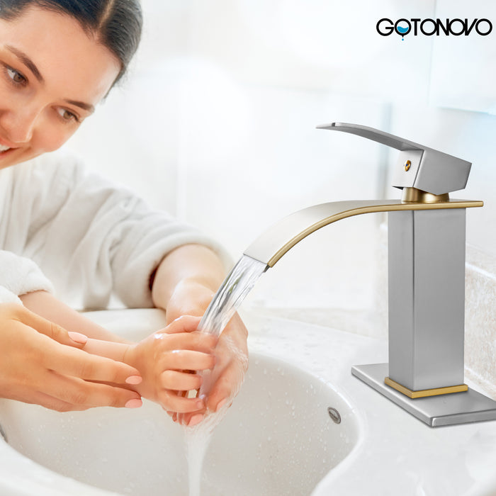 gotonovo Bathroom Sink Faucet Single Handle 1 Hole Waterfall Spout Vanity Sink Faucet Deck Mount Mixer Tap Lavatory with Deck Plate and Pop Up Drain