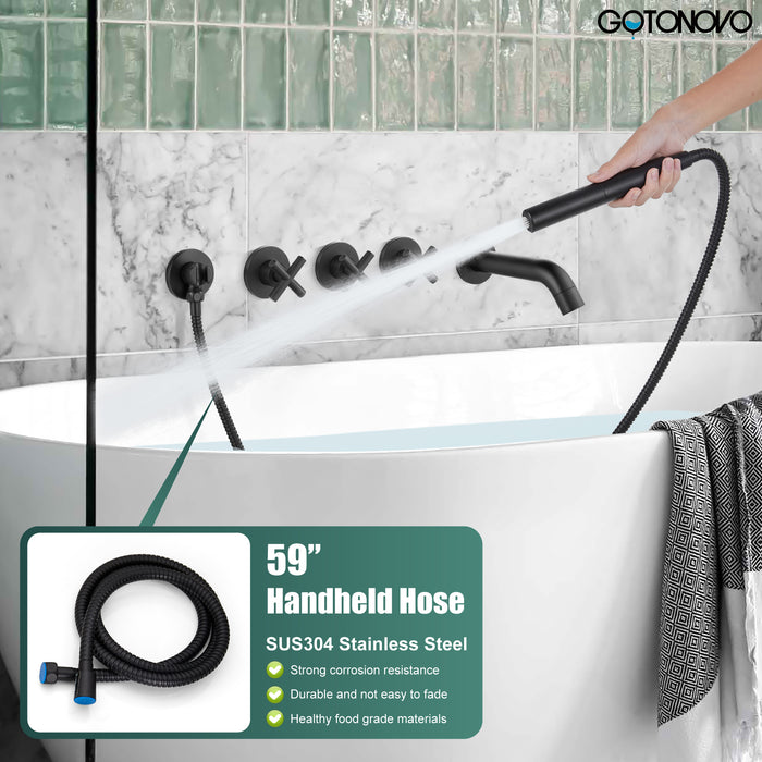 gotonovo Wall Mount Bathtub Faucet Bathroom Tub Filler Faucet with Handheld Shower High Flow Bathtub Spout with 3 Handles Shower Trim kit Hand Held Sprayer 2 Function Bath Fixtures