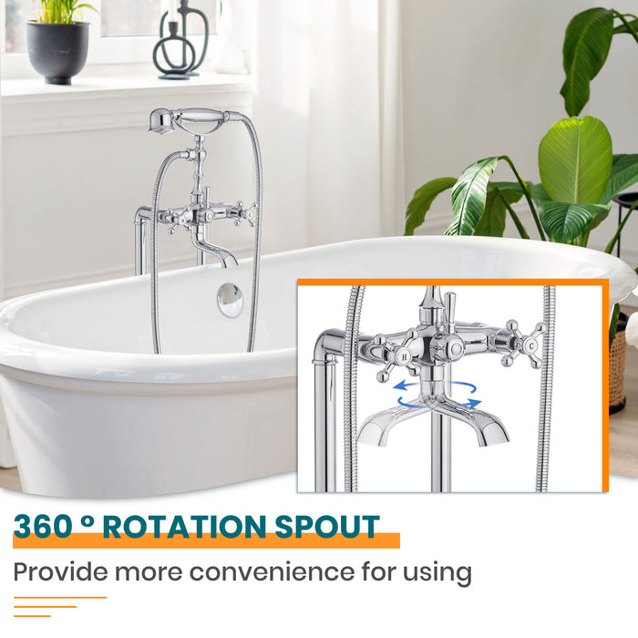 gotonovo Free Standing Tub Faucet,Brass Handheld Spray,Clawfoot Freestanding Bathtub Faucet,Vintage Floor Mount High Flow Tub Filler with Double Cross Handles,360°Rotation Spout