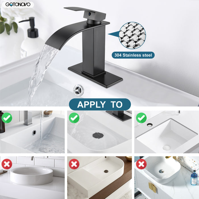 gotonovo Bathroom Sink Faucet Waterfall Spout Deck Mount Single Handle 1 Hole  Deck Plate Pop Up Drain with Overflow with Mixer Tap Lavatory Vanity Sink Faucet Commercial