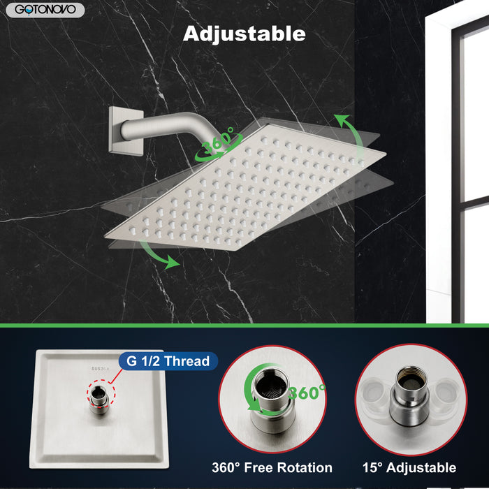 gotonovo 8 Inch Rainfall Showerhead Square Stainless Steel Rain Shower Head High Pressure Waterfall Crackproof Coverage with Silicone Nozzle 1/16" Ultra Thin Design Swivel Connector