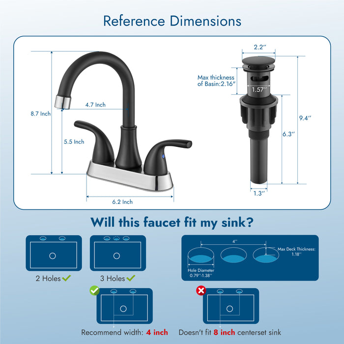 4 Inch Bathroom Sink Faucet 2 Handle Bathroom Faucet 360° Swivel Spout Deck Mounted Vanity Faucet with Water Supply Hoses with Pop up Drain